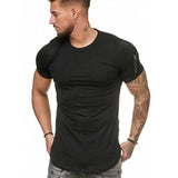 Short Sleeve Zipper Shoulder Streetwear Hip Hop Summer T Shirt Men Longline Curved Hem Tshirt Slim Funny T-Shirt Plus Size M-3XL