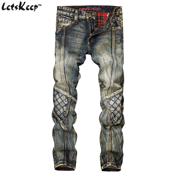 LetsKeep New patchwork Denim jeans for men biker skinny ripped jeans punk mens plaid Designer jeans pants clothing, MA356