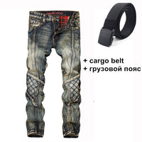 LetsKeep New patchwork Denim jeans for men biker skinny ripped jeans punk mens plaid Designer jeans pants clothing, MA356