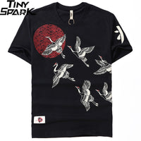 2019 Japanese Streetwear T Shirt Crane Sun Print Mens Harajuku T-Shirt Summer Hip Hop Tshirt Cotton Short Sleeve Tops Tees Black