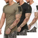 Short Sleeve Zipper Shoulder Streetwear Hip Hop Summer T Shirt Men Longline Curved Hem Tshirt Slim Funny T-Shirt Plus Size M-3XL