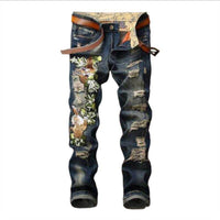 BOKADIAO Man's jeans fashion Tiger embroidery Straight jeans for men Distressed Ripped Pants Slim denim trousers male Streetwear - Hig4dm