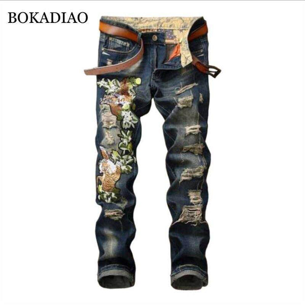 BOKADIAO Man's jeans fashion Tiger embroidery Straight jeans for men Distressed Ripped Pants Slim denim trousers male Streetwear - Hig4dm