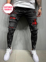 Men's Skinny Ripped Jeans Fashion Grid Beggar Patches Slim Fit Stretch Casual Denim Pencil Pants Painting Jogging Trousers Men - Hig4dm