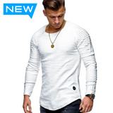 Hot 2021 Solid Color Sleeve Pleated Patch Detail Long Sleeve T-Shirt Men Spring Casual Tops Pullovers Fashion Slim Basic Tops - Hig4dm