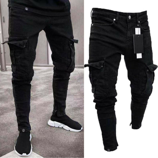 Men Biker Ripped Long Denim Trousers Skinny Jeans Pants Destroyed Stretchy-Black Pants