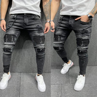 Men Ripped Skinny Zipper Jeans Black Patchwork Biker Pencil Pants Locomotive Denim Pants Streets Hip Hop Draped Jeans Male