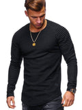 Hot 2021 Solid Color Sleeve Pleated Patch Detail Long Sleeve T-Shirt Men Spring Casual Tops Pullovers Fashion Slim Basic Tops - Hig4dm