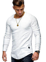 Hot 2021 Solid Color Sleeve Pleated Patch Detail Long Sleeve T-Shirt Men Spring Casual Tops Pullovers Fashion Slim Basic Tops - Hig4dm