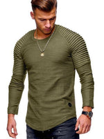 Hot 2021 Solid Color Sleeve Pleated Patch Detail Long Sleeve T-Shirt Men Spring Casual Tops Pullovers Fashion Slim Basic Tops - Hig4dm