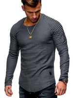 Hot 2021 Solid Color Sleeve Pleated Patch Detail Long Sleeve T-Shirt Men Spring Casual Tops Pullovers Fashion Slim Basic Tops - Hig4dm