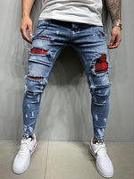 Men's Skinny Ripped Jeans Fashion Grid Beggar Patches Slim Fit Stretch Casual Denim Pencil Pants Painting Jogging Trousers Men - Hig4dm