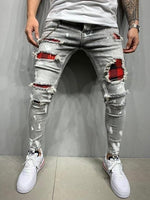 Men's Skinny Ripped Jeans Fashion Grid Beggar Patches Slim Fit Stretch Casual Denim Pencil Pants Painting Jogging Trousers Men - Hig4dm