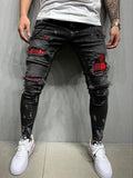 Men's Skinny Ripped Jeans Fashion Grid Beggar Patches Slim Fit Stretch Casual Denim Pencil Pants Painting Jogging Trousers Men - Hig4dm