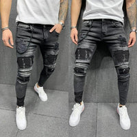 Men's Skinny Ripped Jeans Fashion Grid Beggar Patches Slim Fit Stretch Casual Denim Pencil Pants Painting Jogging Trousers Men - Hig4dm