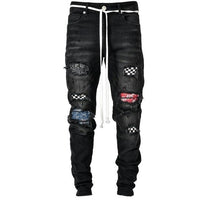 Men's Skinny Ripped Jeans Fashion Grid Beggar Patches Slim Fit Stretch Casual Denim Pencil Pants Painting Jogging Trousers Men - Hig4dm