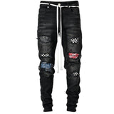 Men's Skinny Ripped Jeans Fashion Grid Beggar Patches Slim Fit Stretch Casual Denim Pencil Pants Painting Jogging Trousers Men - Hig4dm