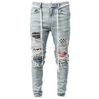 Men's Skinny Ripped Jeans Fashion Grid Beggar Patches Slim Fit Stretch Casual Denim Pencil Pants Painting Jogging Trousers Men - Hig4dm