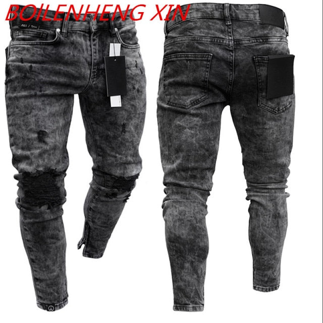 Men Ripped Skinny Zipper Jeans Black Patchwork Biker Pencil Pants  Locomotive Denim Pants Streets Hip Hop Draped Jeans Male