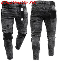 Men Ripped Skinny Zipper Jeans Black Patchwork Biker Pencil Pants Locomotive Denim Pants Streets Hip Hop Draped Jeans Male