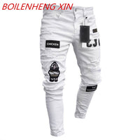 Men Ripped Skinny Zipper Jeans Black Patchwork Biker Pencil Pants Locomotive Denim Pants Streets Hip Hop Draped Jeans Male