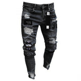 Men Ripped Skinny Zipper Jeans Black Patchwork Biker Pencil Pants Locomotive Denim Pants Streets Hip Hop Draped Jeans Male